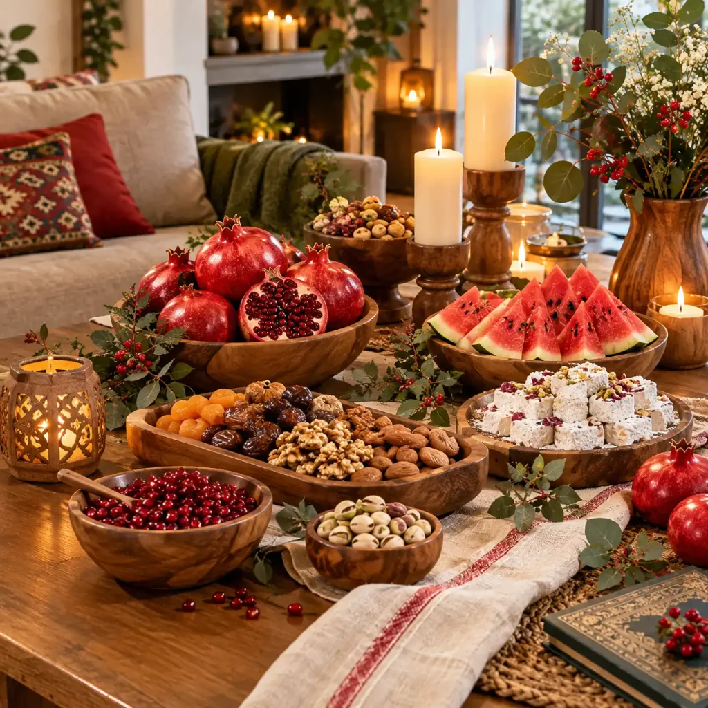 تزیین میز شب یلدا با ظروف چوبی
