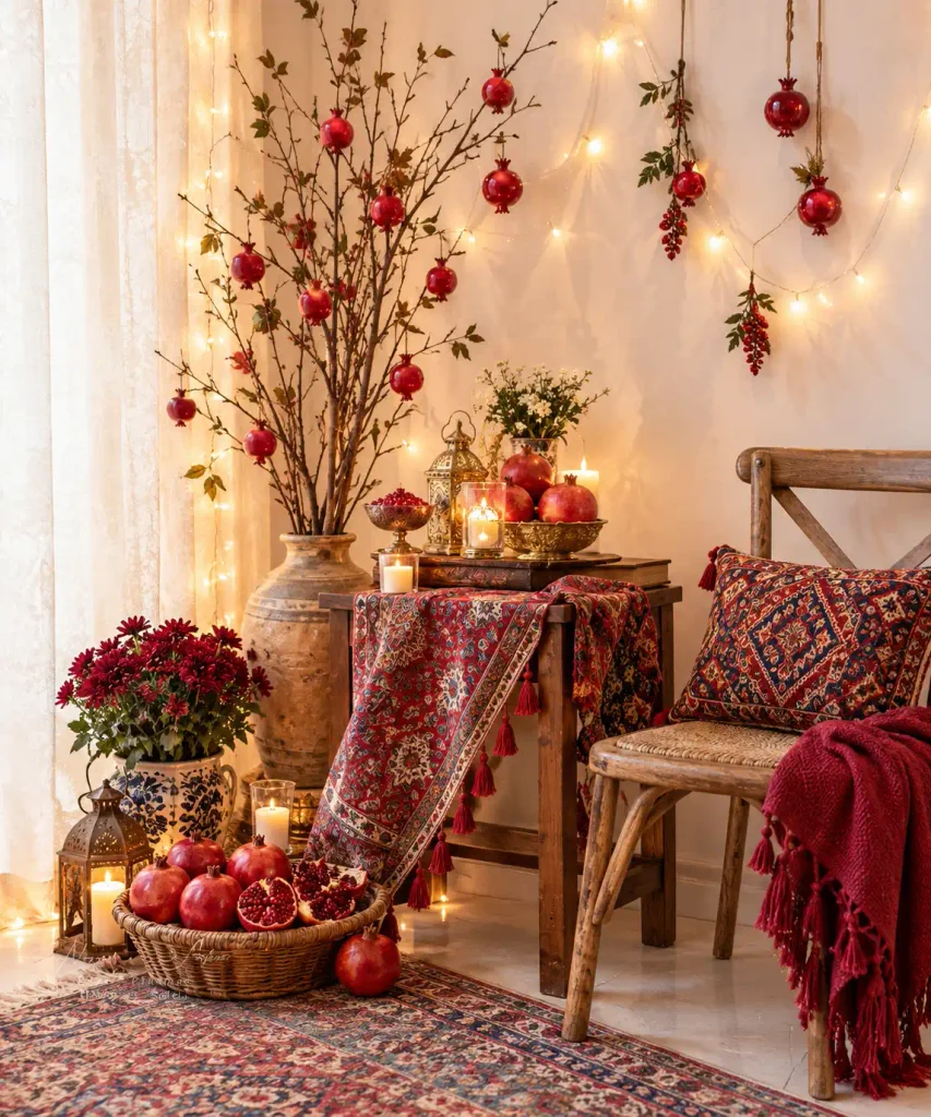 تزیین گوشه‌ای از خانه برای عکاسی یلدایی