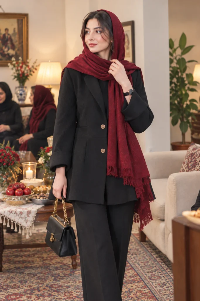 مانتوی مشکی با شال زرشکی