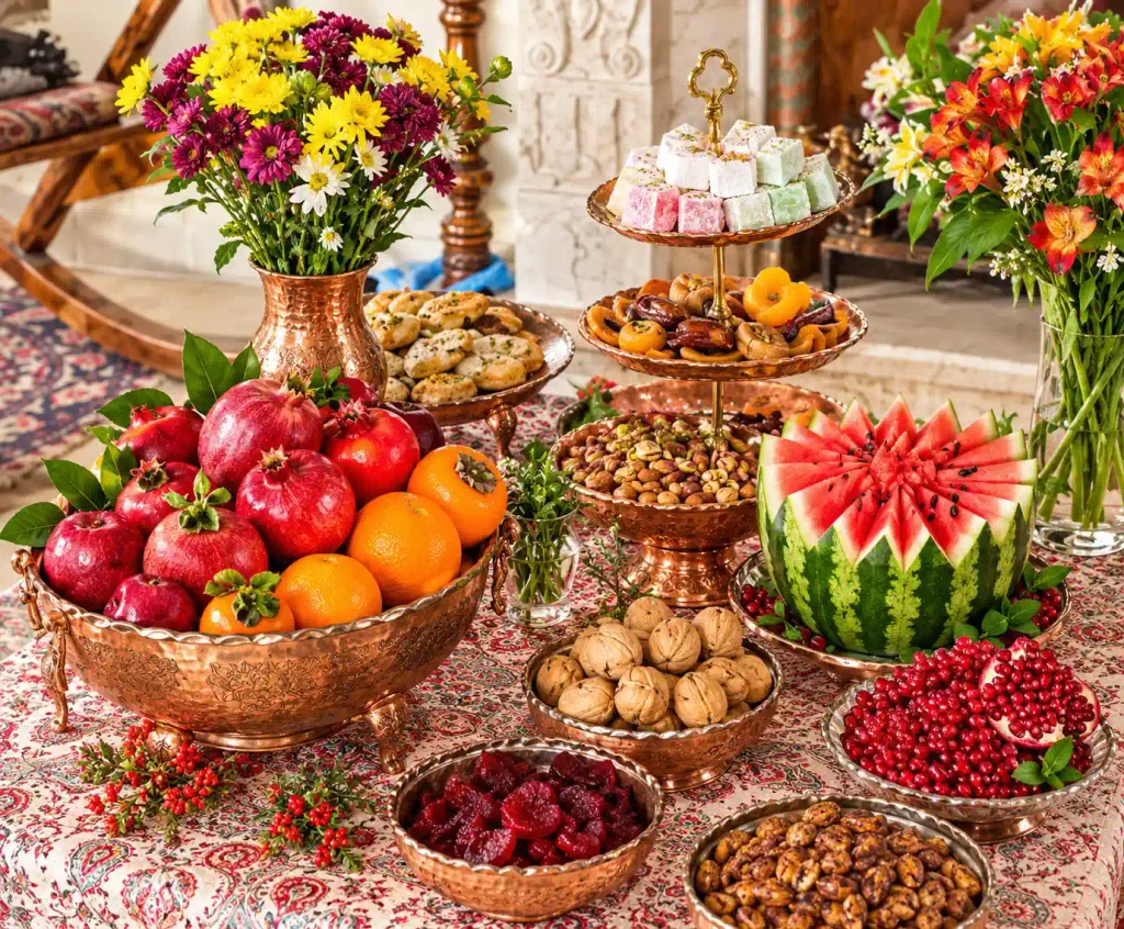 تزیین سفره یلدا با ظروف مسی