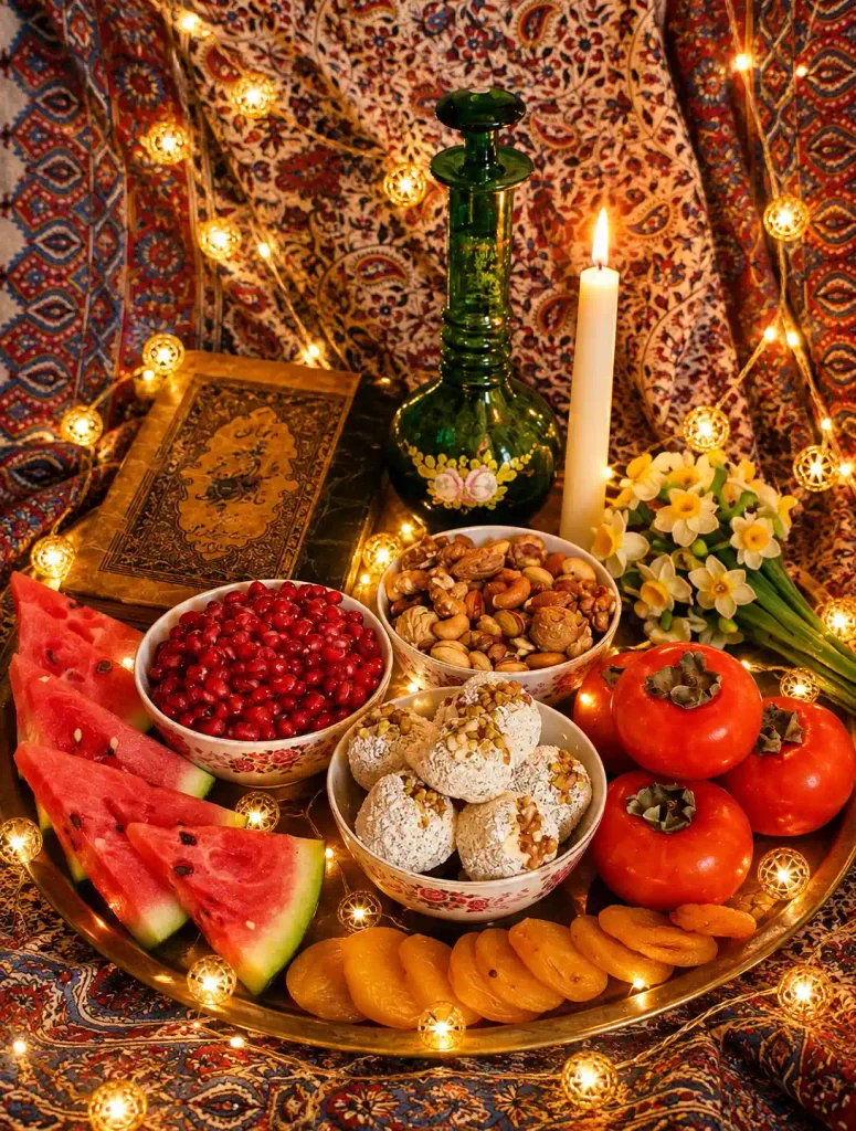 دکور شب یلدا با شمع و ریسه نوری