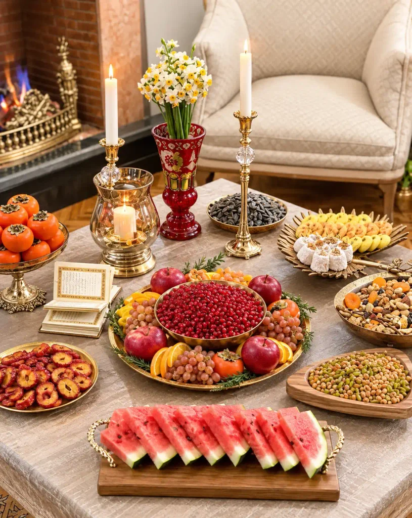 چیدمان یلدایی با شمعدان‌های بلند