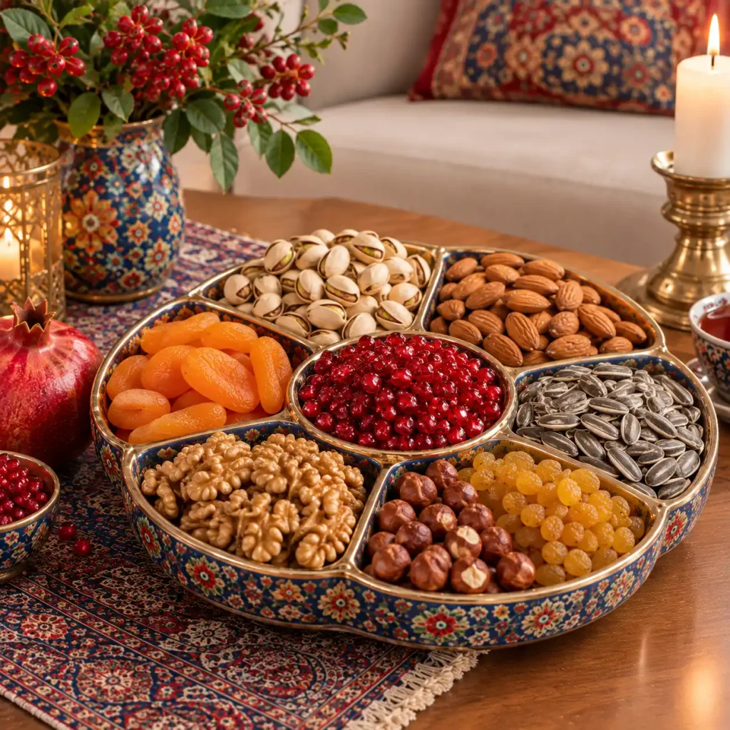 تزیین آجیل شب یلدا در ظروف چندقسمتی