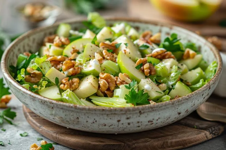 تصویر مرتبط با طرز تهیه سالاد سیب و کرفس ترد با گردو و ماست