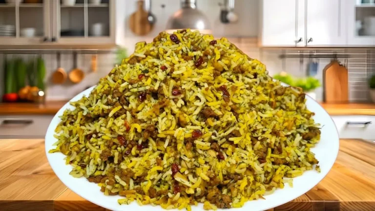 دستور تهیه قارچ پلو مجلسی؛ تصویر قارچ پلو مجلسی با ته‌دیگ سیب‌زمینی