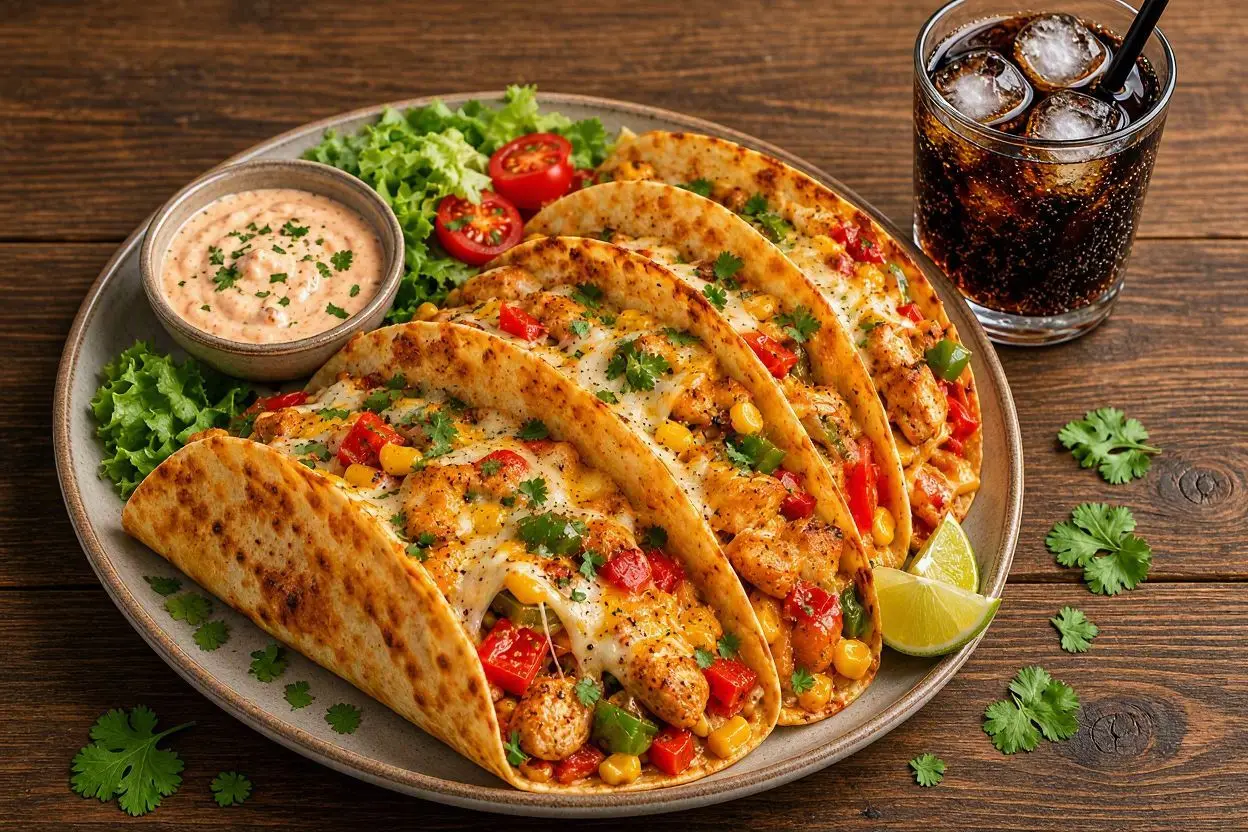 ساندویچ تاکوی مرغ با پنیر ذوب شده و مرغ مزه‌دار