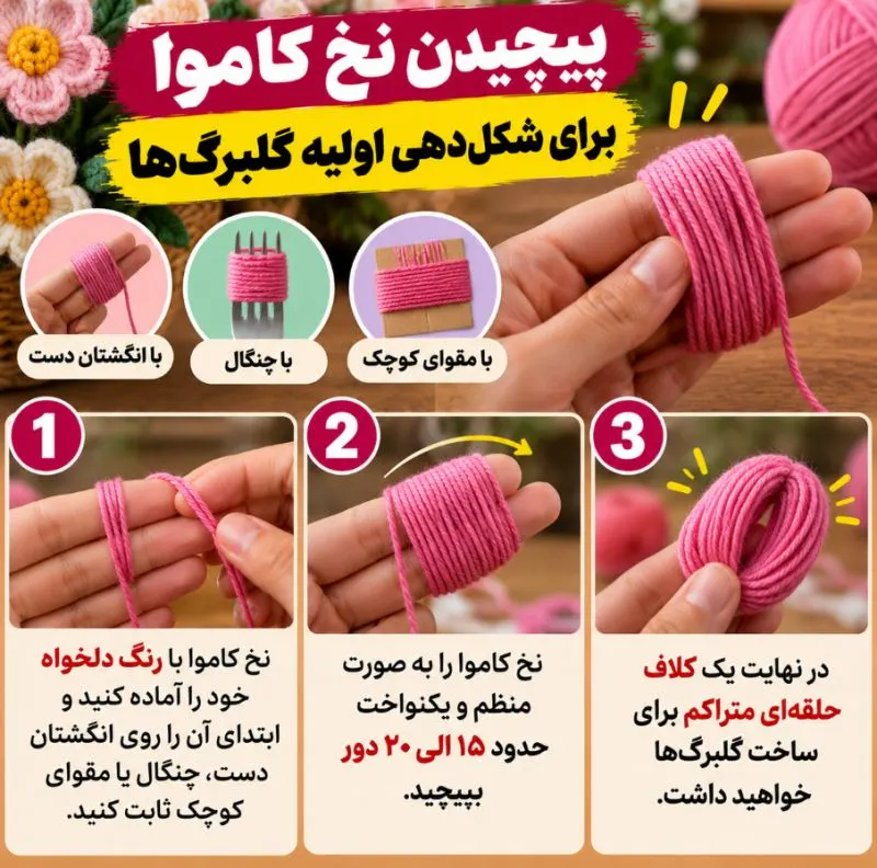 گل تزئینی کاموایی در رنگهای متنوع
