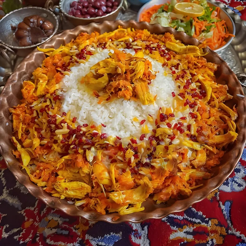 لایههای هویج، مرغ و برنج در قابلمه برای دم کشیدن