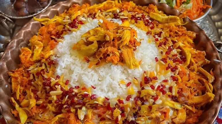 هویج پلو مجلسی با مرغ، زعفران و زرشک در ظرف سرو