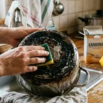 تمیز کردن قابلمه سوخته؛ قابلمه سوخته در حال تمیز شدن با روش‌های خانگ
