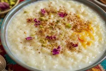 طرز تهیه شیر برنج فوری؛ کاسه شیر برنج فوری با دارچین و خلال پسته