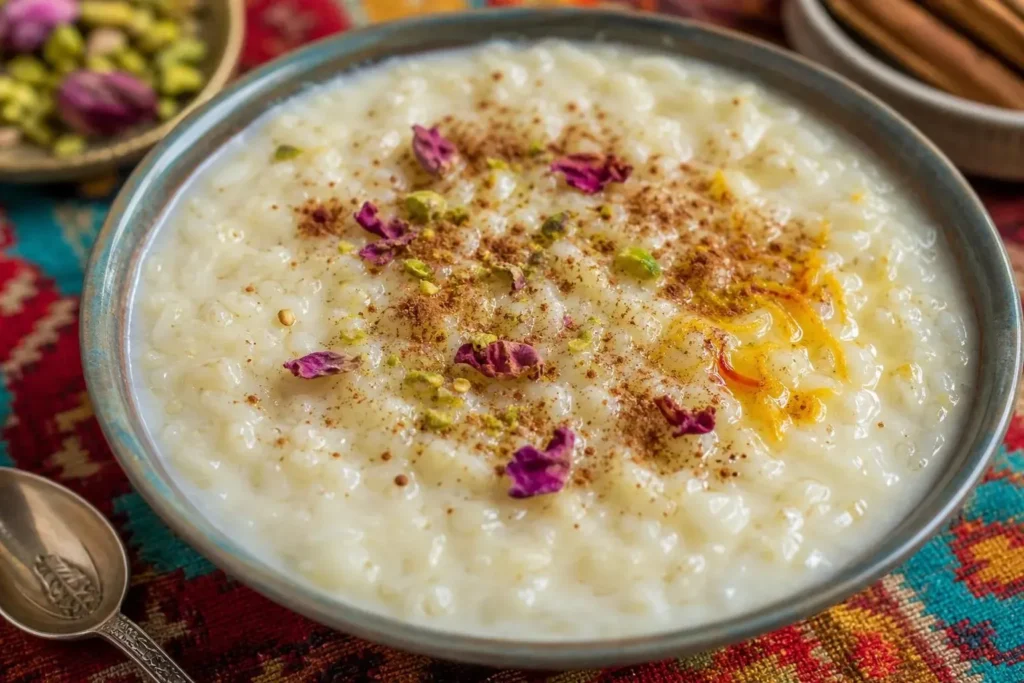 شیر برنج با زعفران دم‌کرده و تزئین خلال بادام