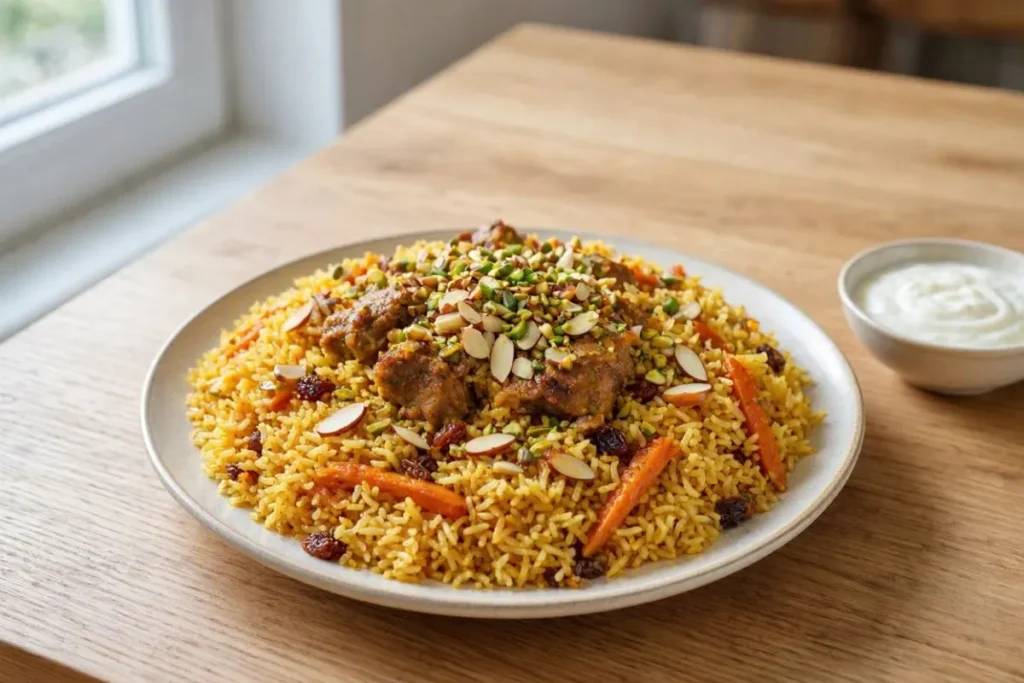 مواد اولیه قابلی پلو افغانستانی شامل برنج، گوشت، هویج و کشمش