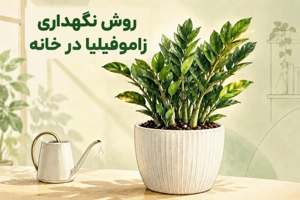 نگهداری زاموفیلیا؛ گیاه زاموفیلیا با برگ‌های براق سبز در گلدان