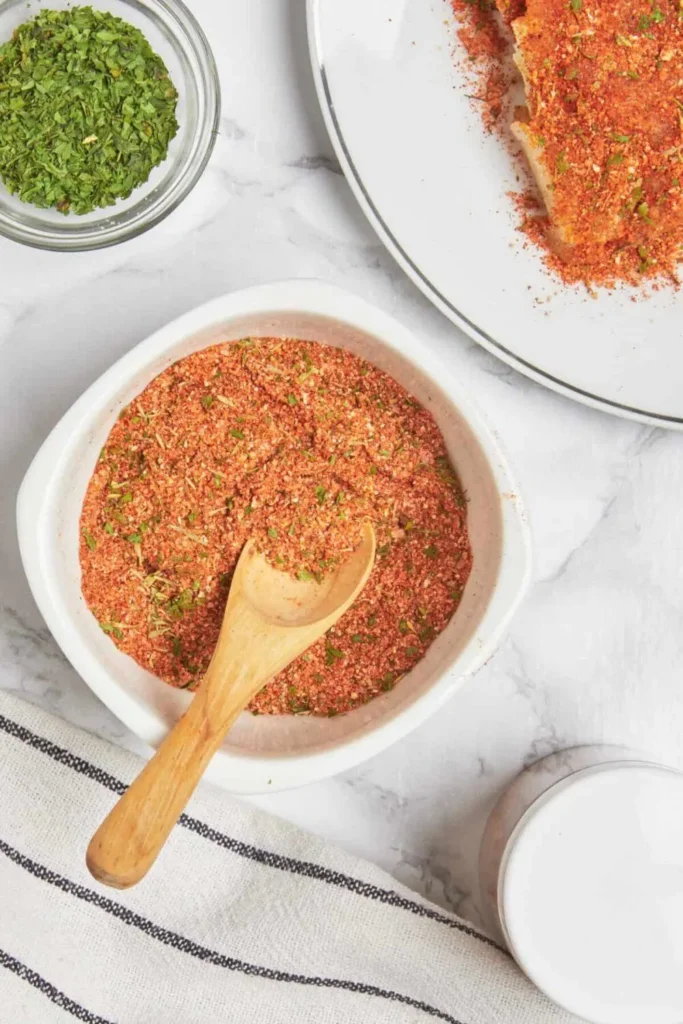 مواد لازم برای تهیه ادویه ماهی خانگی شامل پودر گشنیز، پاپریکا، زردچوبه و سایر ادویه‌ها