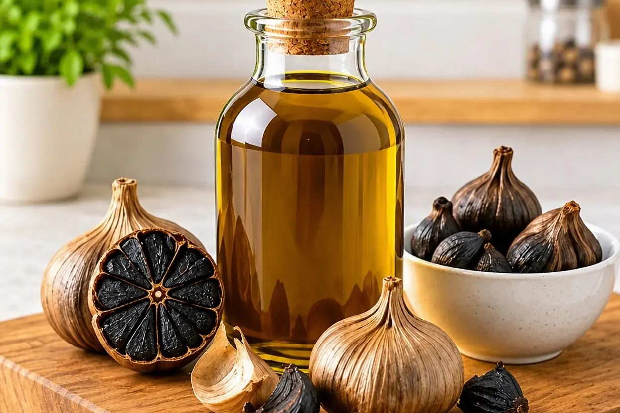 کاربردی تهیه روغن سیر سیاه؛ ظرف حاوی روغن سیر سیاه خانگی