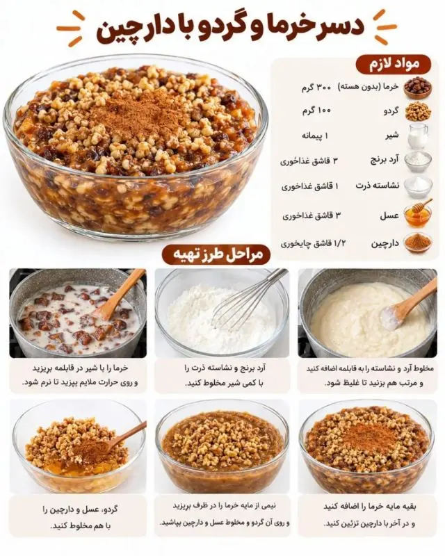 تصویری از پنج دسر گرم متنوع شامل فرنی زعفرانی و حلوا ارده‌ای