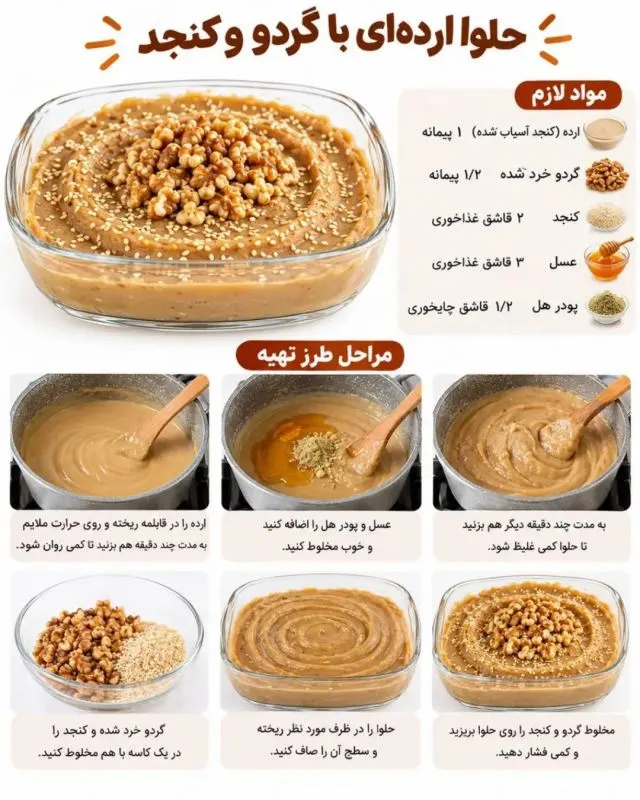 تصویری از پنج دسر گرم متنوع شامل فرنی زعفرانی و حلوا ارده‌ای