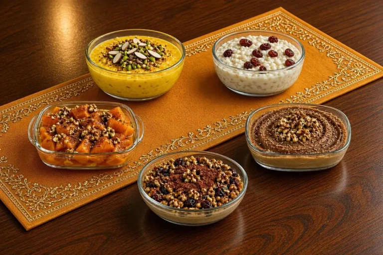 دسر گرم متنوع و خوشمزه؛ تصویری از پنج دسر گرم متنوع شامل فرنی زعفرانی