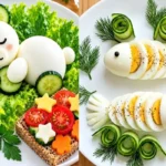 تزیین تخم مرغ آب پز؛ تخم مرغ آب پز تزیین شده با سبزیجات به شکل حیوانات