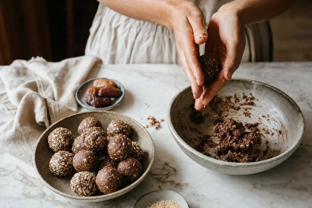 تصویر مرتبط با طرز تهیه ترافل خرما با بیسکویت و گردو؛ شیرینی ساده و بدون فر
