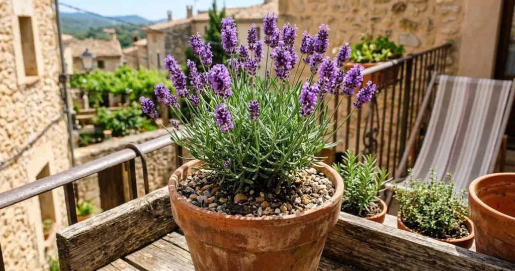 گیاه اسطوخودوس با گلهای بنفش در بالکن
