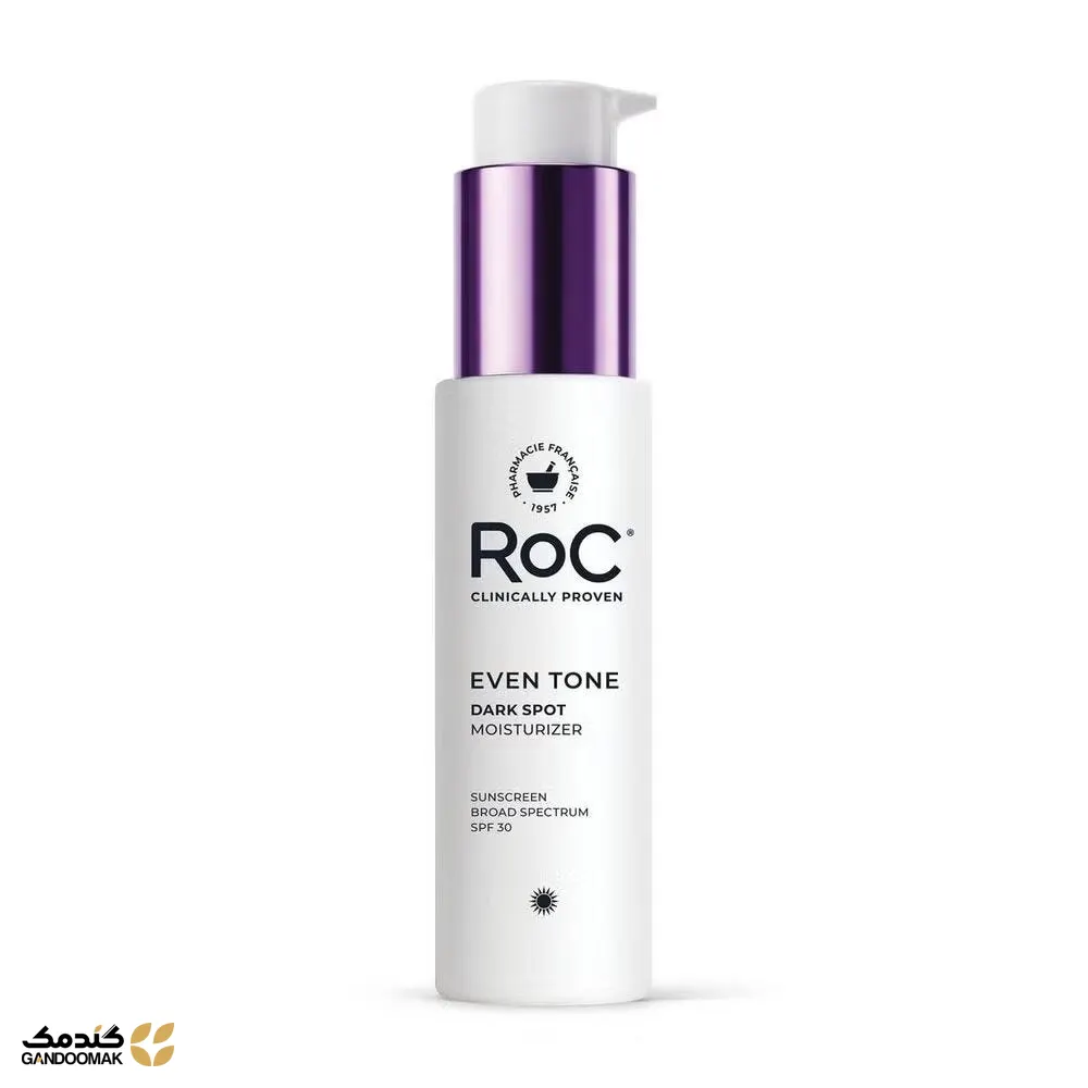 کرم RoC Even Tone Dark Spot Moisturizer SPF 30 با بستهبندی سفید و بنفش روشن