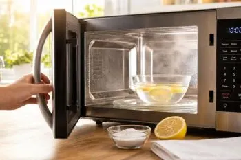 تمیز کردن مایکروویو با لیمو؛ مایکروویو در حال تمیز شدن با بخار لیمو ب