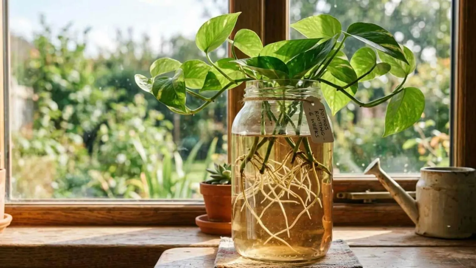 پتوس با یک لیوان آب؛ گیاه پتوس در لیوان آب برای تکثیر