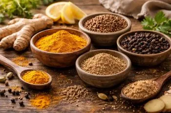ادویه آبگوشت خانگی؛ ظرفهای کوچک حاوی ادویههای زردچوبه، فلفل سیاه