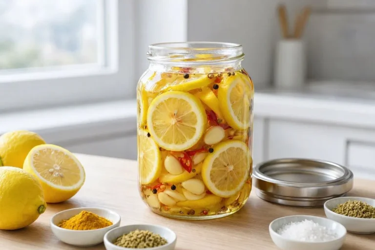 شیشه ترشی لیمو ترش بندری با رنگ جذاب و ادویه‌های معطر
