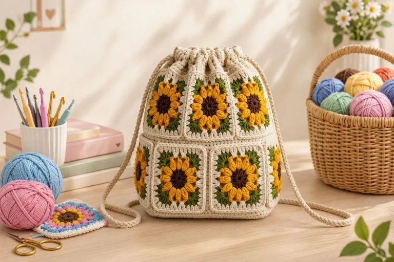 الگوهای جذاب کوله پشتی بافتنی؛ کوله پشتی بافتنی با طرح گل آفتابگردان