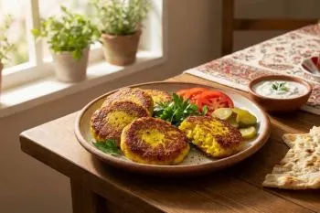 شامی سیب‌زمینی و تخم‌مرغ طلایی و برشته در بشقاب سفید