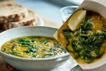 مراحل تهیه سوپ اسفناج و عدس با ماش در قابلمه