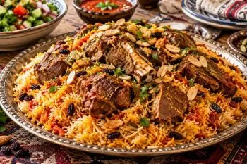 تصویر پلو گوشت عربی با گوشت نرم و ادویه‌های معطر در ظرف سرو