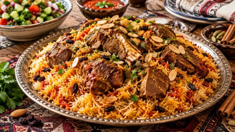 تصویر پلو گوشت عربی با گوشت نرم و ادویه‌های معطر در ظرف سرو
