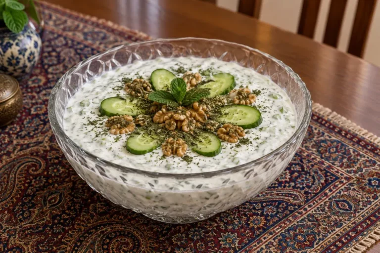 تزیین ماست خیار؛ تزیین زیبا و شیک ماست خیار با گل محمدی و گردو