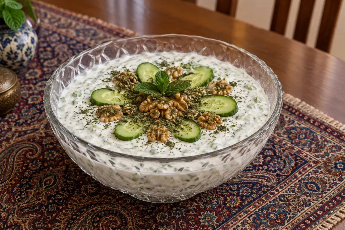 تزیین ماست خیار؛ تزیین زیبا و شیک ماست خیار با گل محمدی و گردو