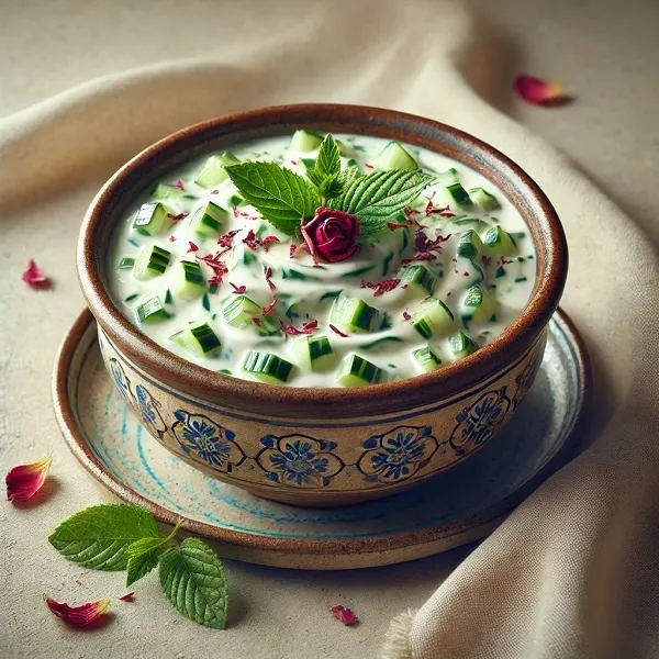 ماست و خیار مجلسی با گردو، کشمش و گل محمدی