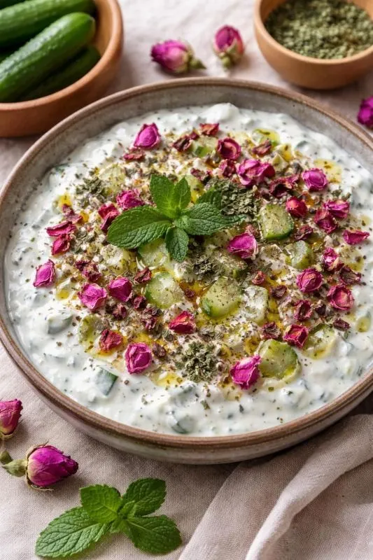 تصویر مرتبط با ایده‌های شیک و ساده برای تزیین ماست خیار با مواد خانگی