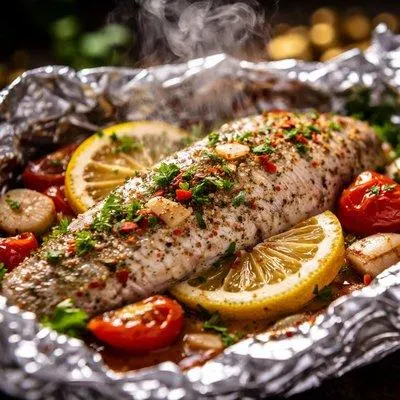 مواد اولیه تازه شامل ماهی، لیموترش، سیر و سبزیجات برای خوراک ماهی در فویل