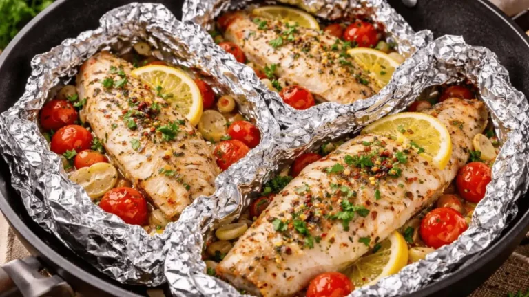 خوراک ماهی در فویل همراه با لیموترش و سبزیجات تازه و رنگارنگ
