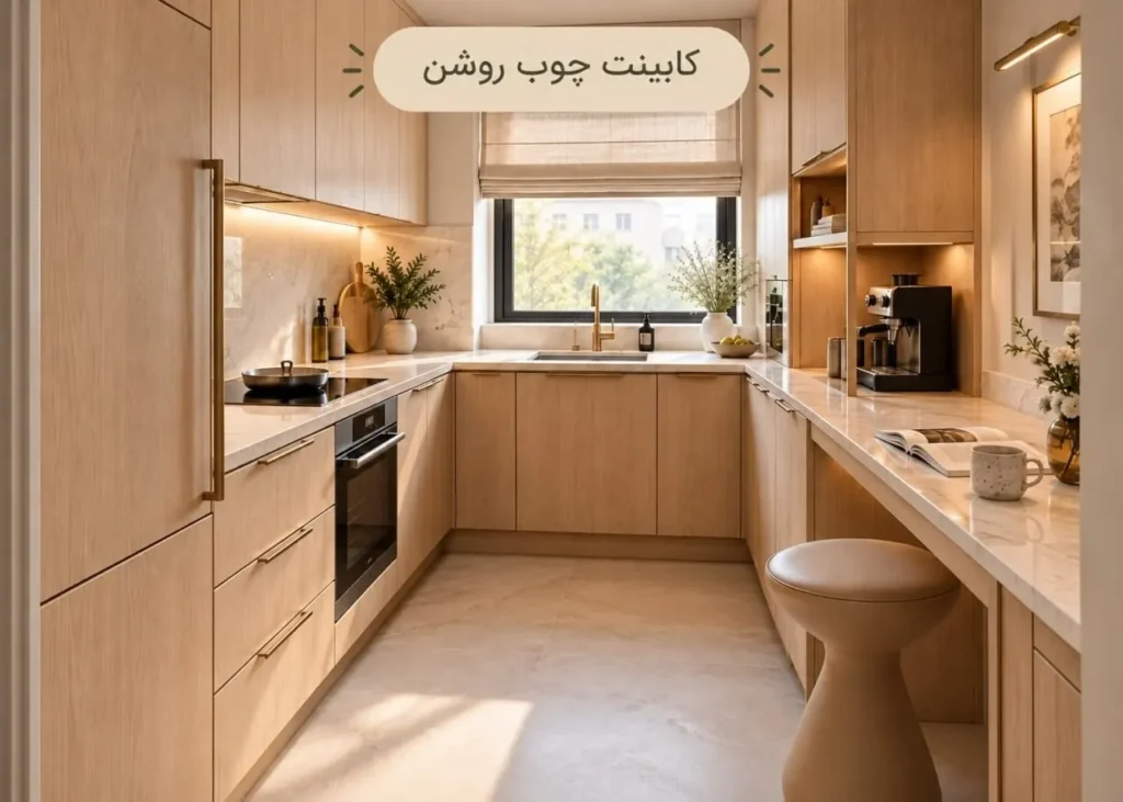 کابینت بژ روشن با طراحی مدرن در آشپزخانه کوچک