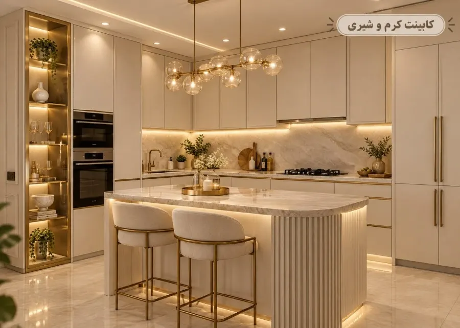 کابینت سبز مریم‌گلی در آشپزخانه کوچک و دلباز