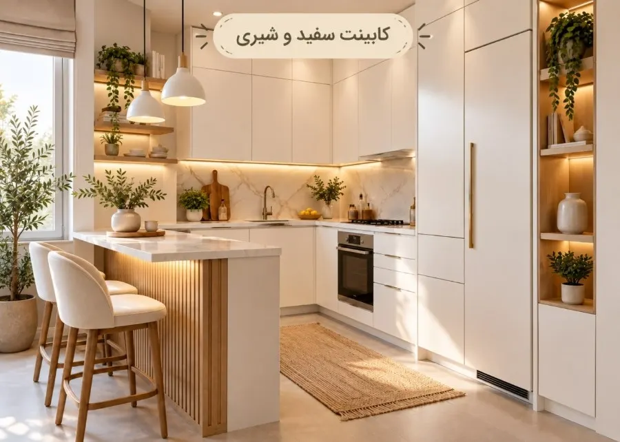 کابینت کرم و شیری با دستگیره‌های مشکی در آشپزخانه کوچک