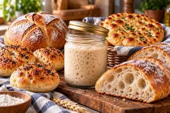 روش تهیه خمیر ترش خانگی؛ ظرف شیشهای حاوی خمیر ترش خانگی فقط با آرد و