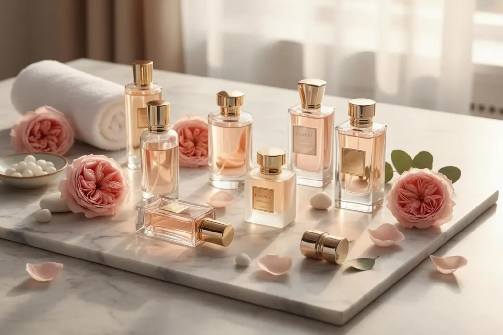 مجموعه عطرهای مردانه با شیشه‌های آبی، مشکی و کهربایی