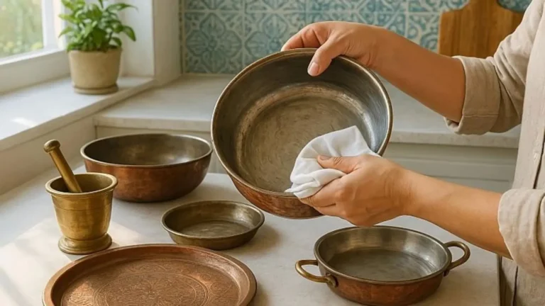 براق کردن ظروف مسی؛ ظروف مسی براق و تمیز در آشپزخانه