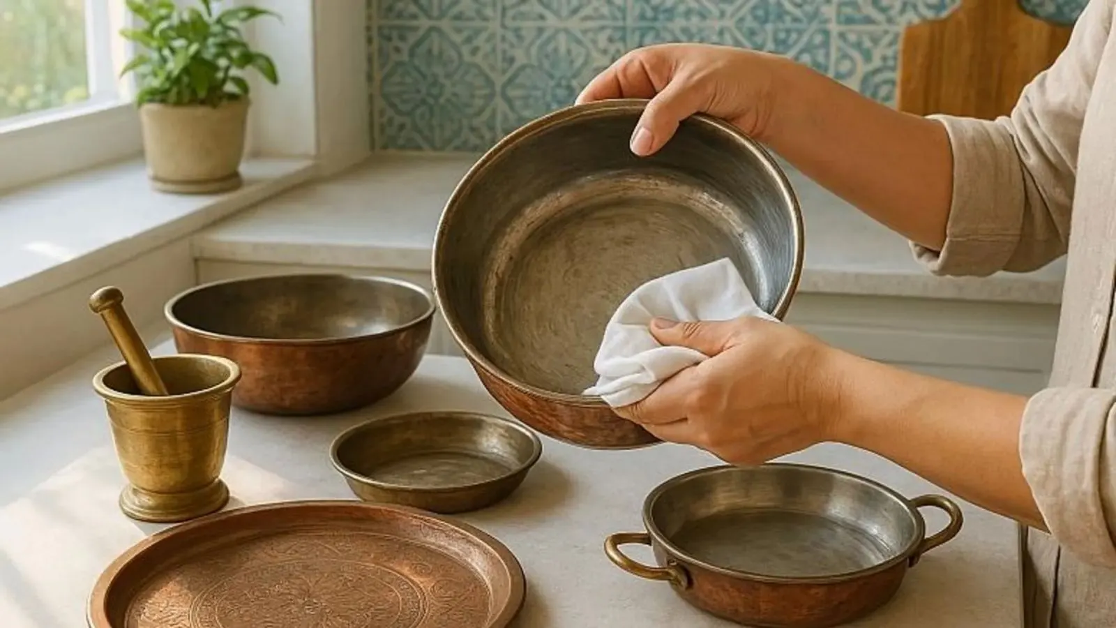 براق کردن ظروف مسی؛ ظروف مسی براق و تمیز در آشپزخانه