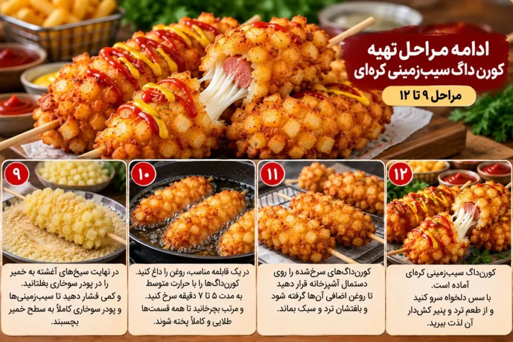 کورن داگ سیب زمینی ترد و طلایی روی بشقاب